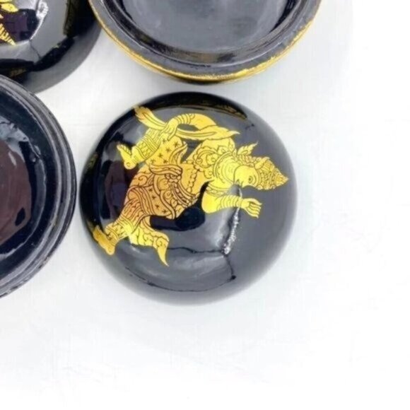 Burmese Lacquerware Gold Accented Trinket Boxes Set Of 3 - Picture 5 of 12